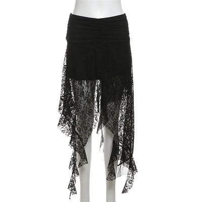 Y2K Goth Dark Irregular Hem Lace Patchwork Mid Skirts Women Streetwear Fairy Slim Pleat A-line Skirt Mall Goth Fashion Bottoms