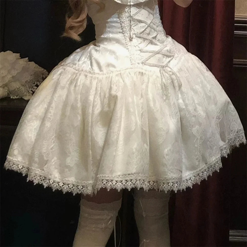 2025 Lolita Subculture Black White Short SK Lace Skirt High Waist Lace Up Girls Birthday Gothic Victorian Cosplay Party Skirts