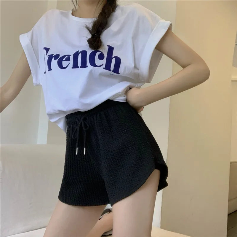 Women's Waffle Shorts sports shorts summer new Korean loose high waist wide leg pants wear women's clothing