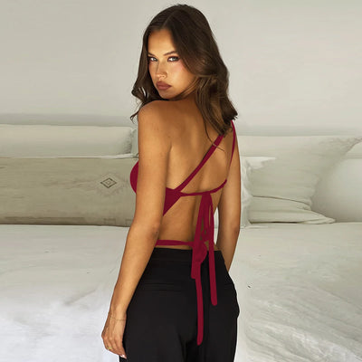Women's Sexy Diagonal Shoulder Strap Sleeveless Backless Tight Top Seaside Nightclub Party 2024 New Model
