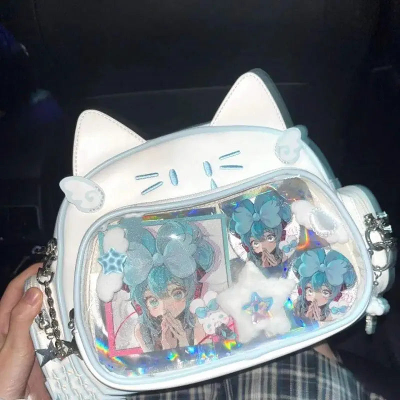 JIAERDI Kawaii Cat Ita Bag Lolita Y2K Backpack Female Cute PU Shoulder Bag Girl Transparent Pocket Harajuku Crossbody Bag Women