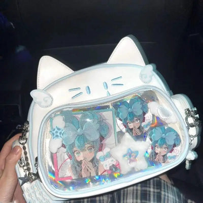 JIAERDI Kawaii Cat Ita Bag Lolita Y2K Backpack Female Cute PU Shoulder Bag Girl Transparent Pocket Harajuku Crossbody Bag Women