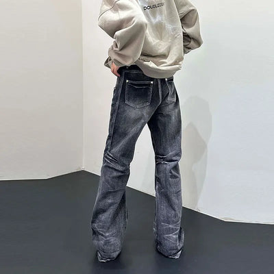 Men Flare Pants Denim Pant Floor Length Jeans Casual Regular Pockets Button Zipper High Waist Autumn Splice Straight Trousers