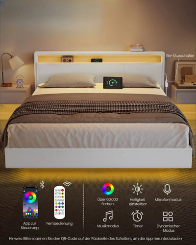 VASAGLE Modern Floating Bed Frame Adjustable LED Lights High Headboard Queen Size Upholstered Bed with Charging Station