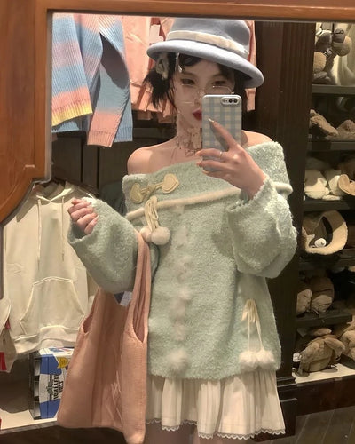 Autumn Winter Woman Korean Fashion Cute Pullover Sweet 2000s Sweater Elegant Oversize Knitwears Designer Aesthetic Chic Coquette