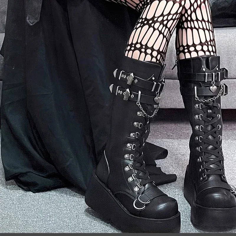 Metal Buckle Chunky Platform Punk Boots Women 2024 Winter Gothic Thick Bottom Knee High Boots Woman Black Wedges Cosplay Shoes