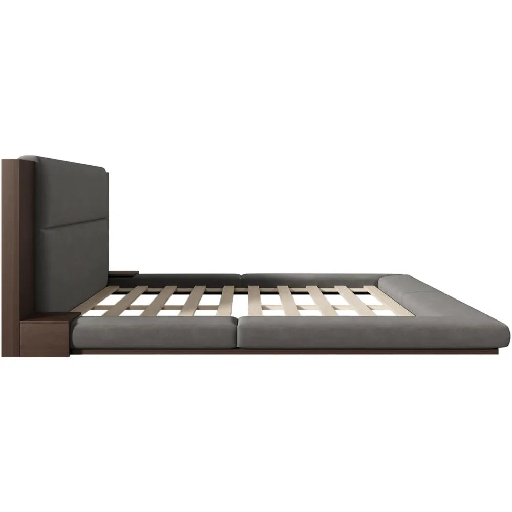 queen velvet upholstered bed frame with built-in side storage and extended wooden headboard