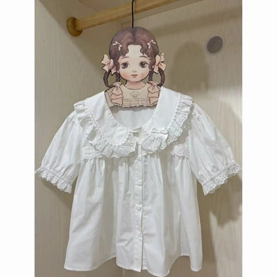Preppy Style Kawaii Peter Pan Collar Blouses Women Summer Sweet Ruffle Short Sleeve White Shirt Girl Japanese Lolita Jk Shirts
