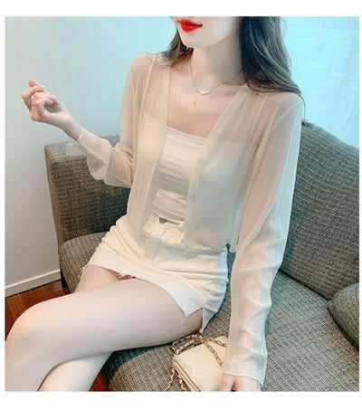 Ice silk sun protection clothing for women in summer, thin chiffon cardigan with camisole skirt, outer cover, small shawl jacket