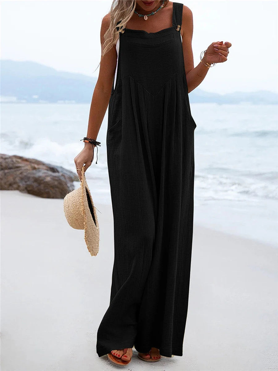 Overalls Women Summer Jumpsuit Outfits Plus Size Solid Color Casual Button Wide Leg Suspender Pants Overalls with Pockets