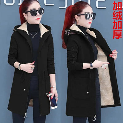 Plus Velvet Thicken Lamb Plush Coat Female 2024 New Autumn And Winter Parka Lace-Up Of Hooded Loose Long Trench Coat Embroid LA