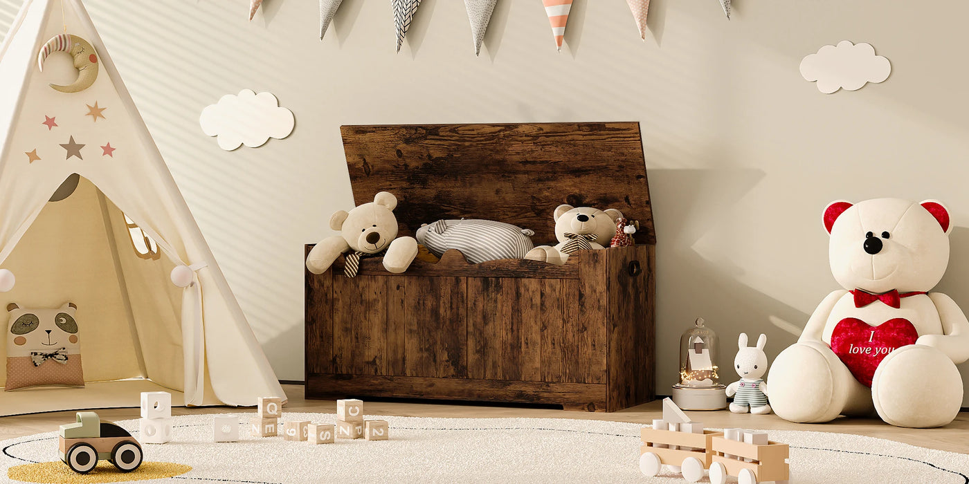 Storage Chest, Storage Trunk with 2 Safety Hinge, 100 cm Lift-Top Storage Bench, Wooden Storage Organizer for Entryway