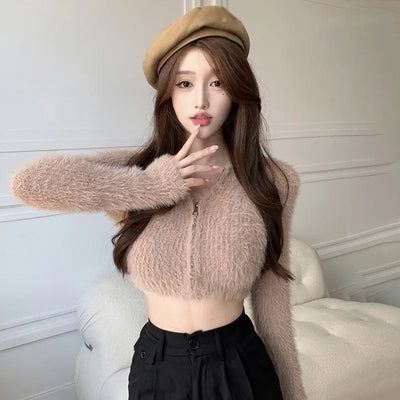 Women's Sweater Coat Top Knitted Cardigan Plush Off Shoulder Short Style Gentleness Mink Solid Color Zipper Design