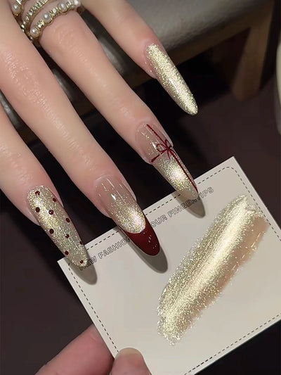 1-24pcs ZH Spring Summer Nails Red Champagne Gold Cat's Eye Gel Nail Polish Nail Art Versatile Popular Whitening Nail Supplies