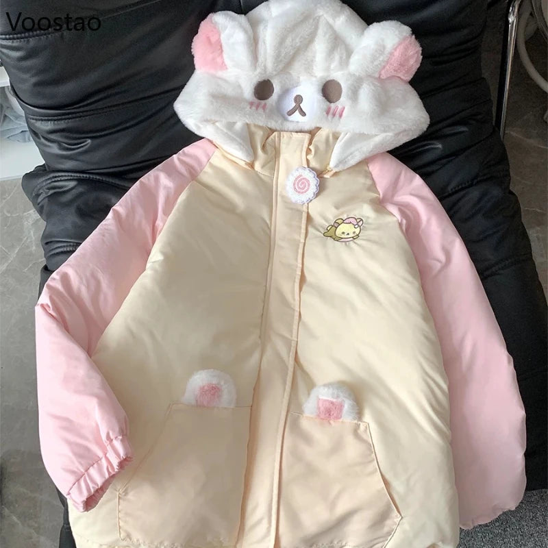 Kawaii Winter Cartoon Embroidery Lolita Parkas Women Y2k Cute Bear Ears Hooded Jacket Casual Zippers Loose Harajuku Padded Coat