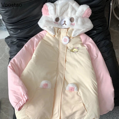 Kawaii Winter Cartoon Embroidery Lolita Parkas Women Y2k Cute Bear Ears Hooded Jacket Casual Zippers Loose Harajuku Padded Coat