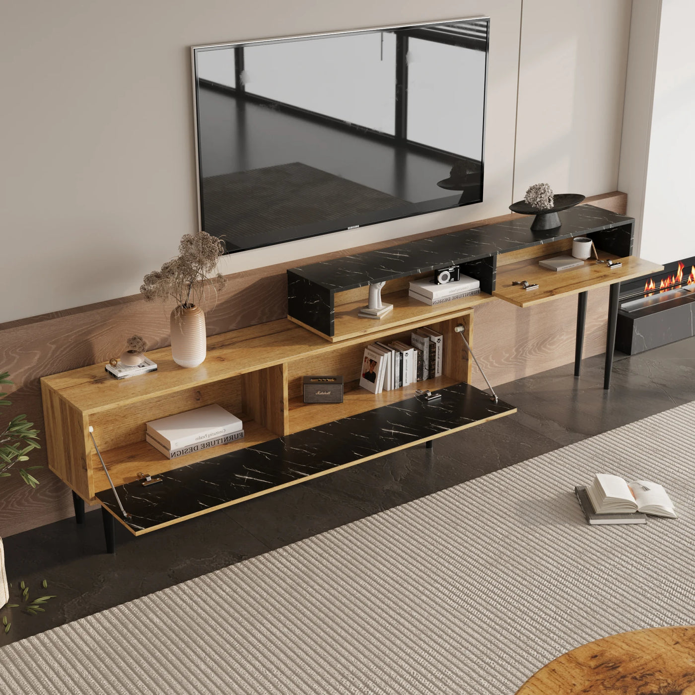 Lazyspace Modern TV Stand with Marble and Wood Grain, TV Cabinet with Iron Legs, Wooden TV Stand with Storage Space