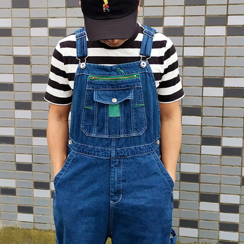 Men's Overalls Jumpsuit Large Size Strap Straight Blue Jeans With 7 Pockets