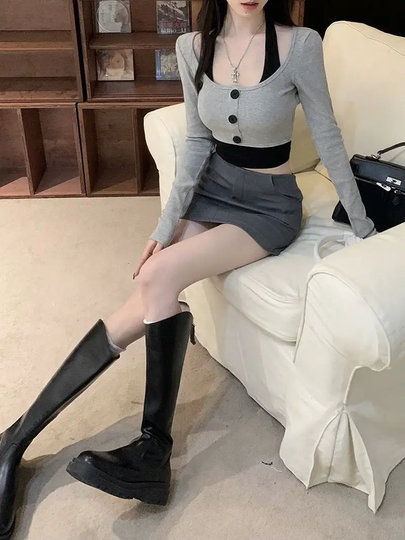 Women's Top Halter Vest 2 Piece Sets U Neck Long Sleeve Crop Tops Babes Korean Style Chic Short T-shirt Ladies Gothic Y2k Tees