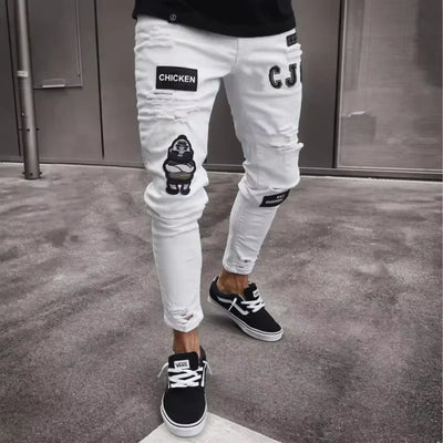 Punk Denim Pants Men Jeans Skinny Ripped Hole Patchwork Slim Pencil Denim Hip Pop Trousers Autumn Plus Size Streetwear Men's