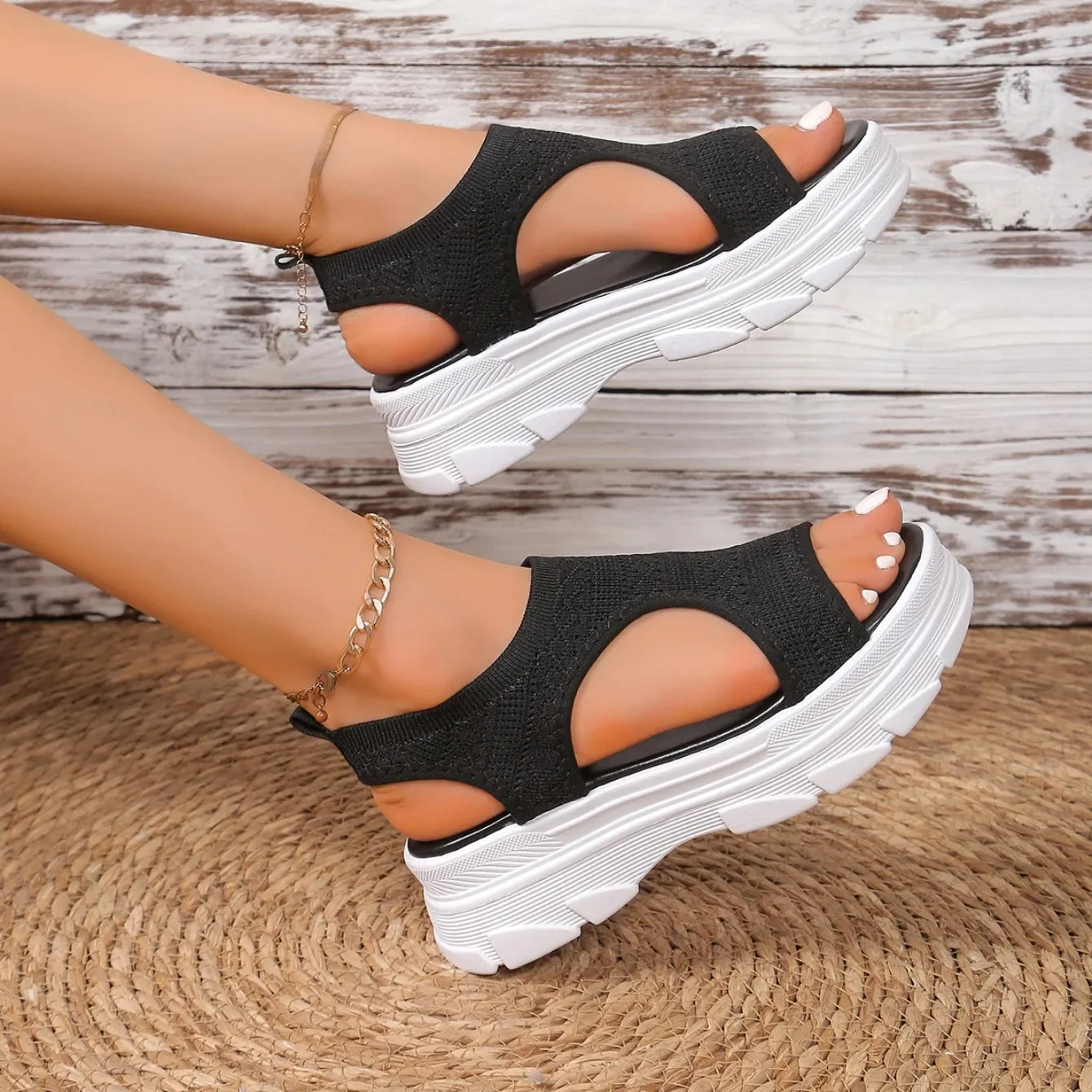 Women Summer Knitted Sports Platform Sandals Stretch Anti-slip Beach Sandals Casual Slip-On Thick Shoes Women Sandalias De Mujer