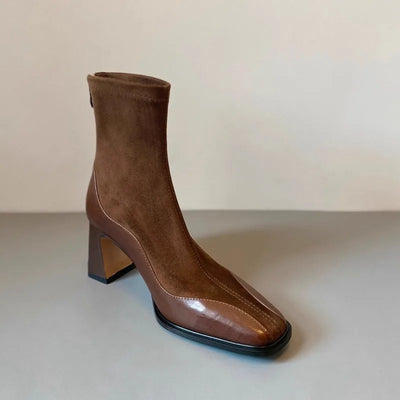 Women's New Winter Thick Heel Cotton Boots Square Head Splicing Suede Back Zipper Anti-slip Wear-resistant Short Boots