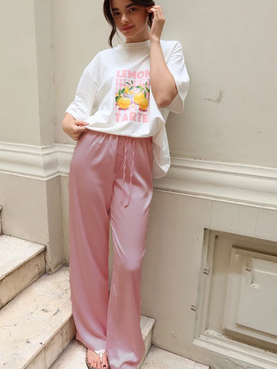 JULISSA MO Satin High Waist Lace Up Women Trousers Pink Casual Basic Elastic Waist Drawstring Pant Lady Loose Elegant Streetwear