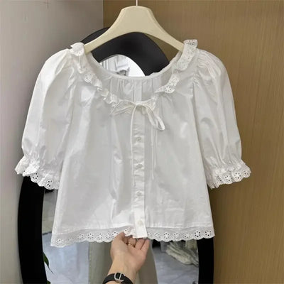 Preppy Style Sweet Short Sleeve Slim Fit Crop Tops Japanese Ruched Shirts Women Y2k Chemises Summer Bandage Bow White Camisa