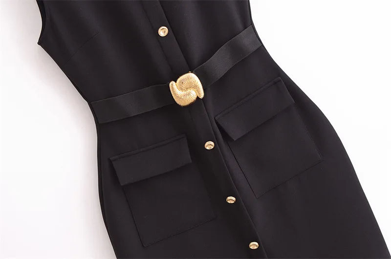 Women Long Dress Solid Color Summer Casual Slim Lady O-Neck Sleeveless Dresses Elegant Streetwear Female Button Up Belt Vestidos