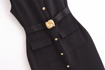 Women Long Dress Solid Color Summer Casual Slim Lady O-Neck Sleeveless Dresses Elegant Streetwear Female Button Up Belt Vestidos