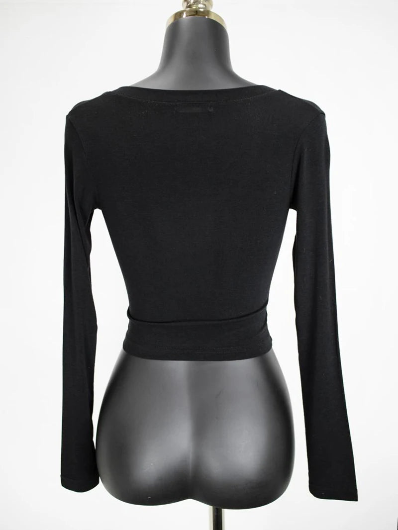 Button V-Neck Sexy Crop Top female long Sleeve Sashion Solid Color lady Tees Comfy Summer Basic Chic Thin T shirt See Through