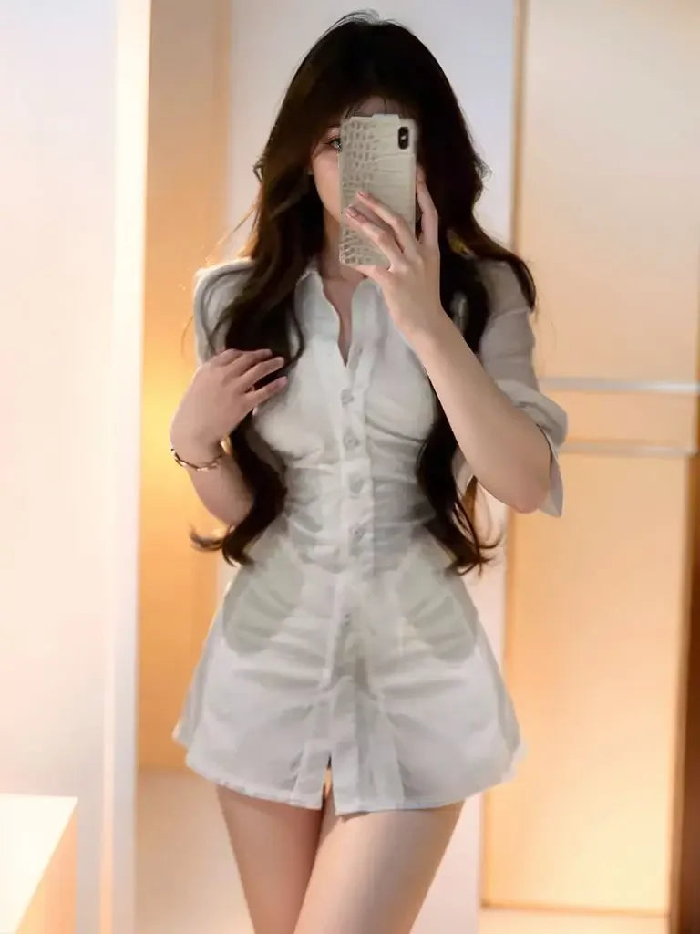 Korean Style Sexy Shirt Dress Women's Waist-Cinching Mini Dress Polo Collar Pleated Design Empire Waistline Fashionable Gown