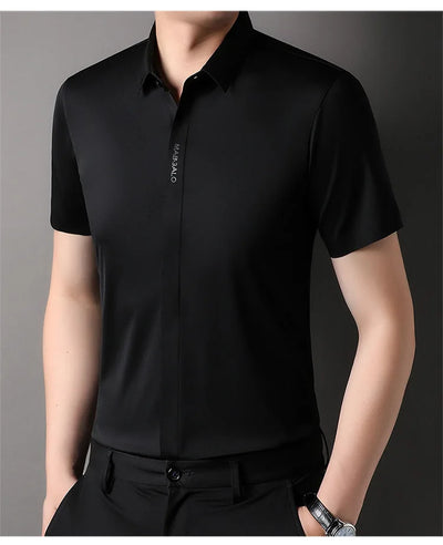Summer New High-grade Hidden Button Men's Light Luxury Short Sleeve Shirts Men High Elastic Business Anti-wrinkle Ice Silk Shirt