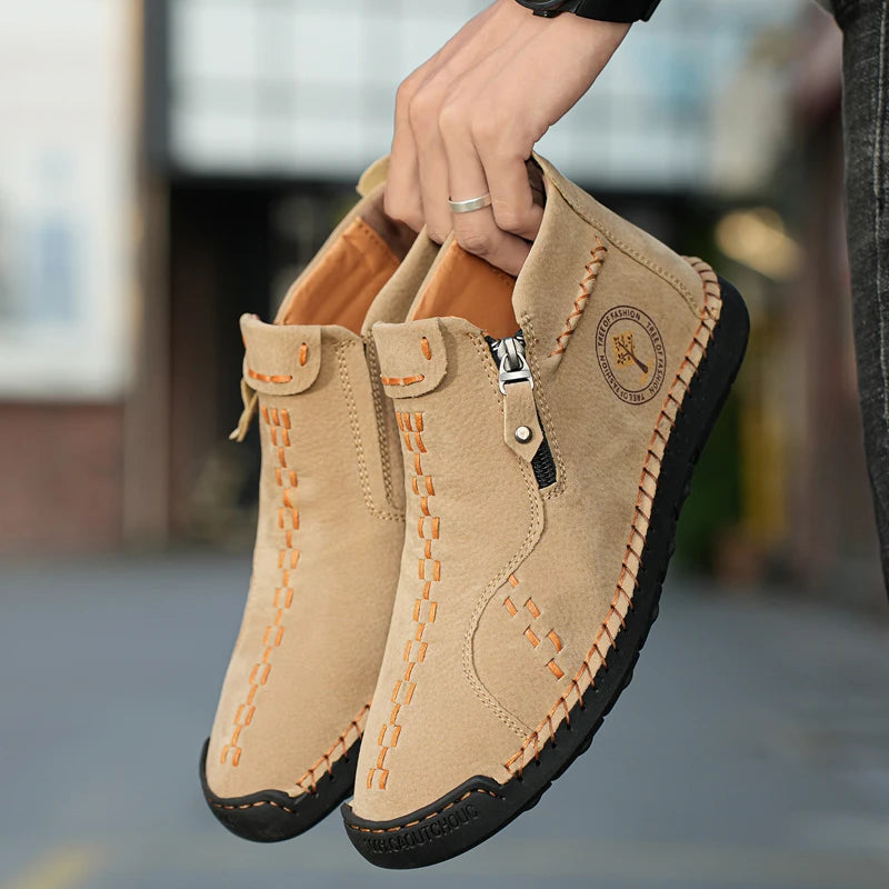 Handmade Leather Casual Shoes For Men Sneakers Men Flat Footwear Zipper Leather Boots Men Ankle Plus Size 39-48