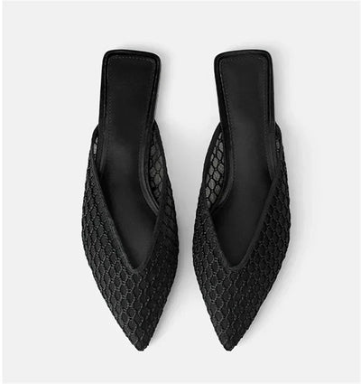 Women's Pointed Toe Slippers 2024 Summer Designer Mesh Beach Flat Shoes Slides Outside Mules Gladiator Sandals Zapatos De Mujer