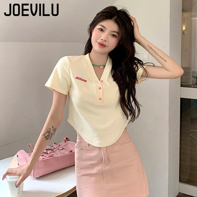 Women's Slim Short-sleeved T-shirt Sexy Pure Desire Wind Spice Girls V-neck Tops Cotton Summer Slim Chic Short Comfortable Top