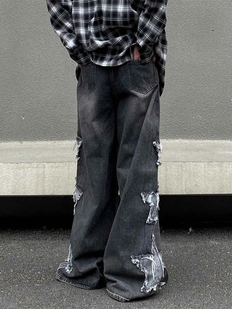 2024 Ropa Y2K Streetwear Star Patch Embroidery Baggy Stacked Jeans Pants For Men Clothes Wide Leg Old Straight Denim Trousers