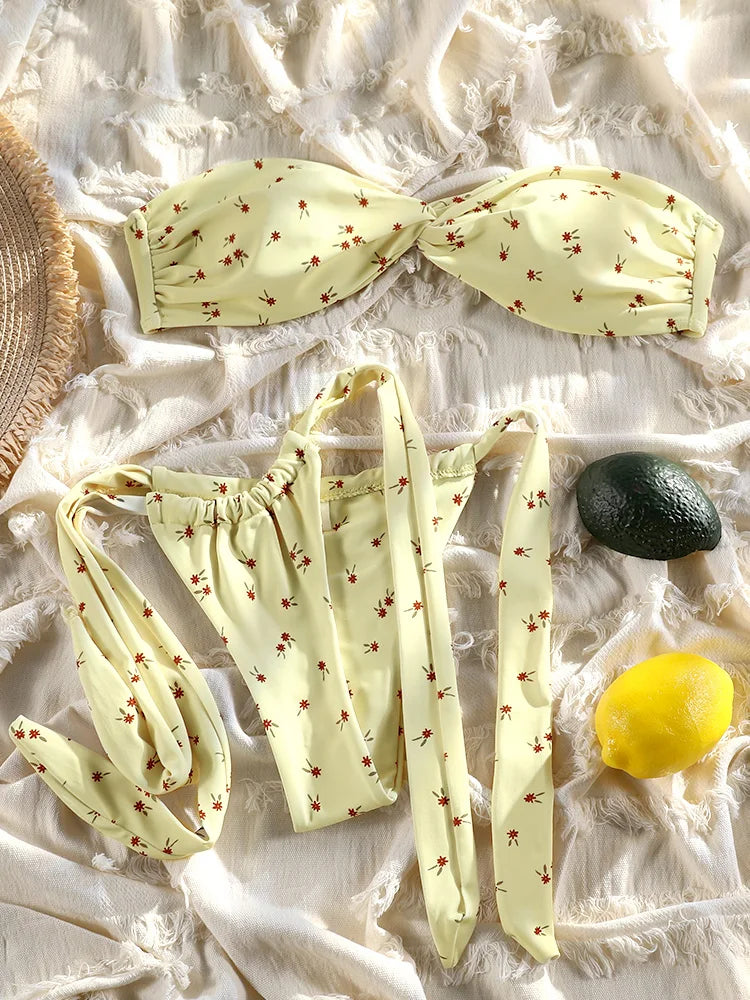 Print Bikini Set 2025 Swimwear For Women Bandeau Swimsuit Off Shoulder Bathing Suit Micro Thongs Biquini Summer Beachwear