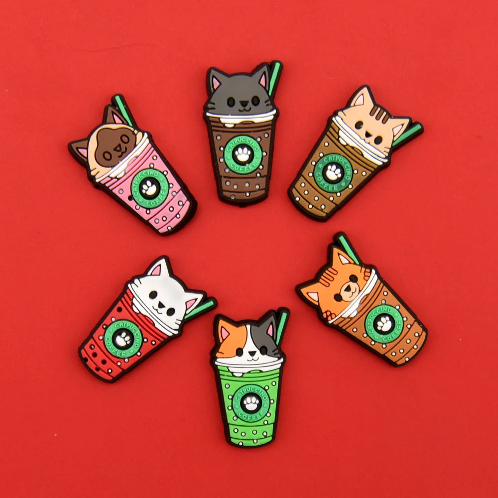 1pc Cute Cartoon Cat Coffee Cup PVC Shoe Charms Buckle Clogs Accessories for Girls Sandals Decoration Kids Gift