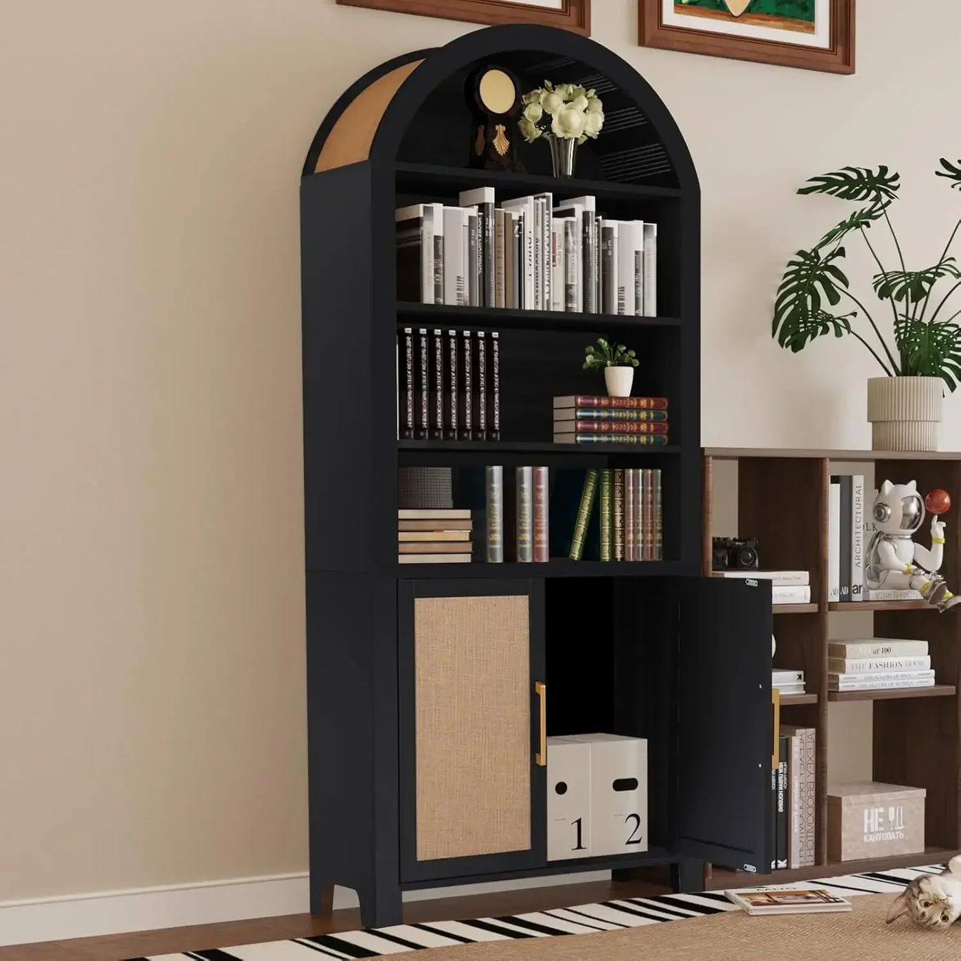 71" Tall Arched Bookcase with Storage, Modern 6-Tier Arched Cabinet with Door,Arched Bookshelf Cabinet with Open Display Storage