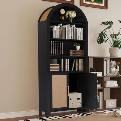 71" Tall Arched Bookcase with Storage, Modern 6-Tier Arched Cabinet with Door,Arched Bookshelf Cabinet with Open Display Storage