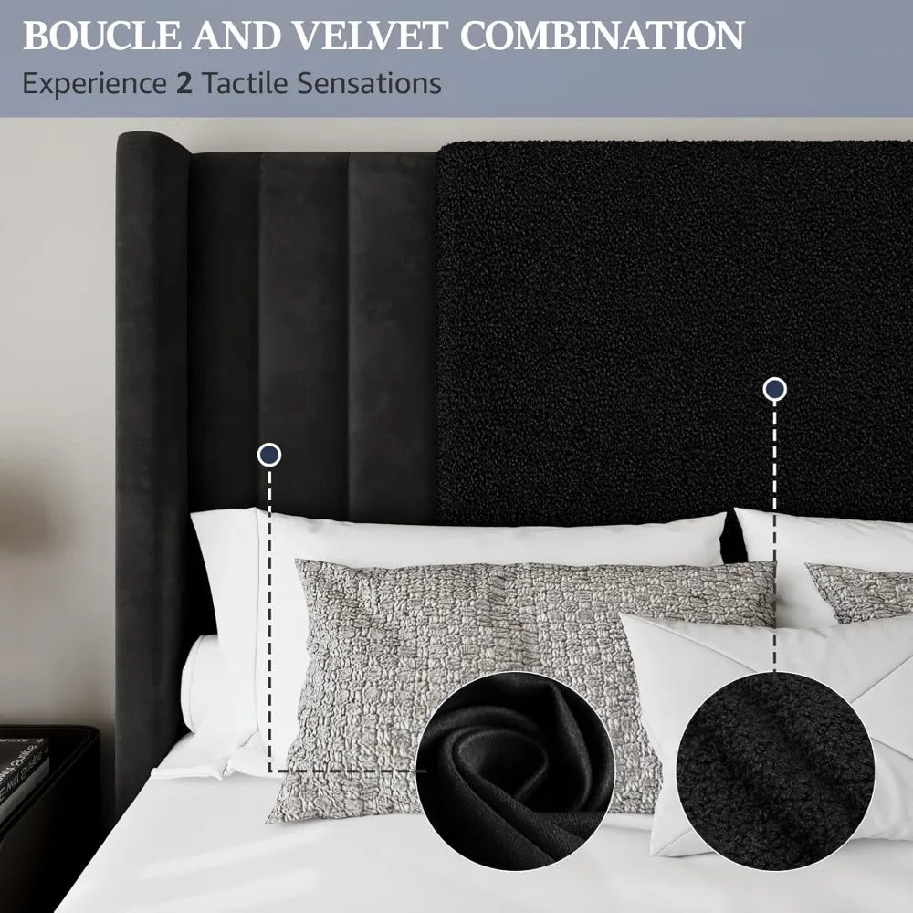 Queen Size Bed Frame with Tall Headboard and Footboard, Boucle and Velvet Upholstered Bed Frame Queen with LED Lights