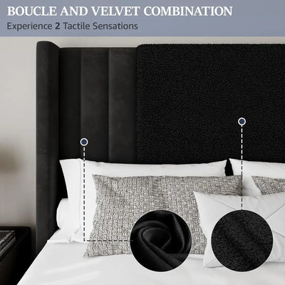 Queen Size Bed Frame with Tall Headboard and Footboard, Boucle and Velvet Upholstered Bed Frame Queen with LED Lights