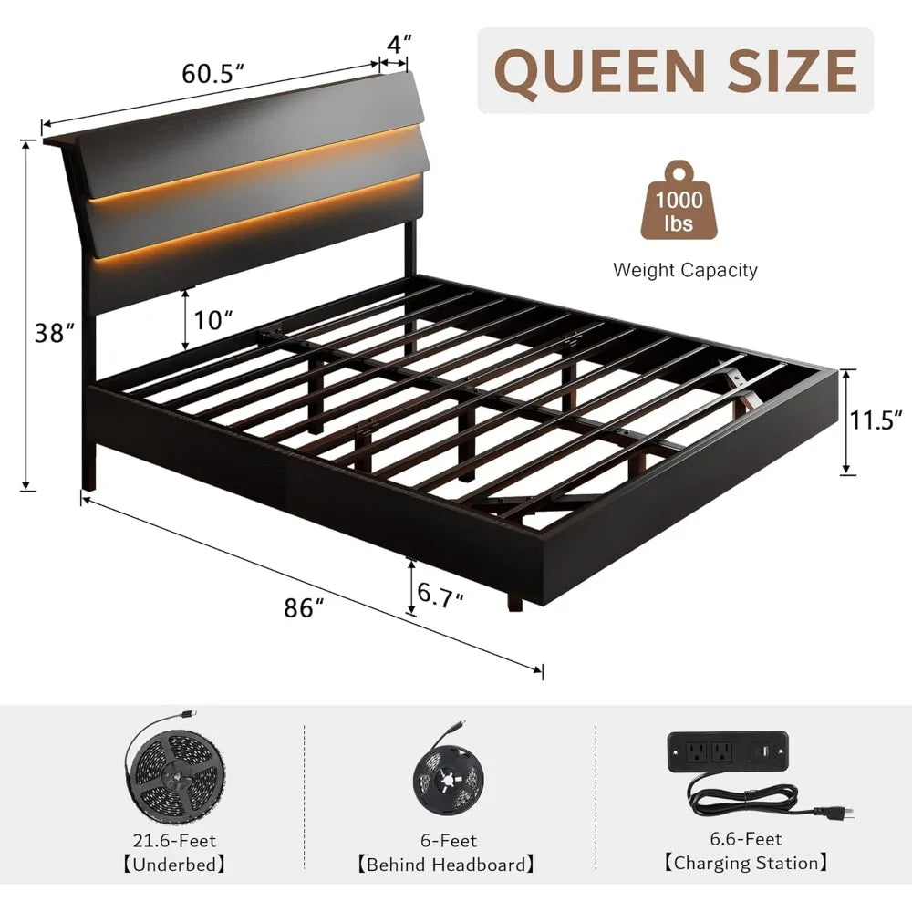 Queen Floating Bed Frame with LED Lights & Charging Station, Platform Bed with Wooden Storage Headboard, Steel Slats Sup