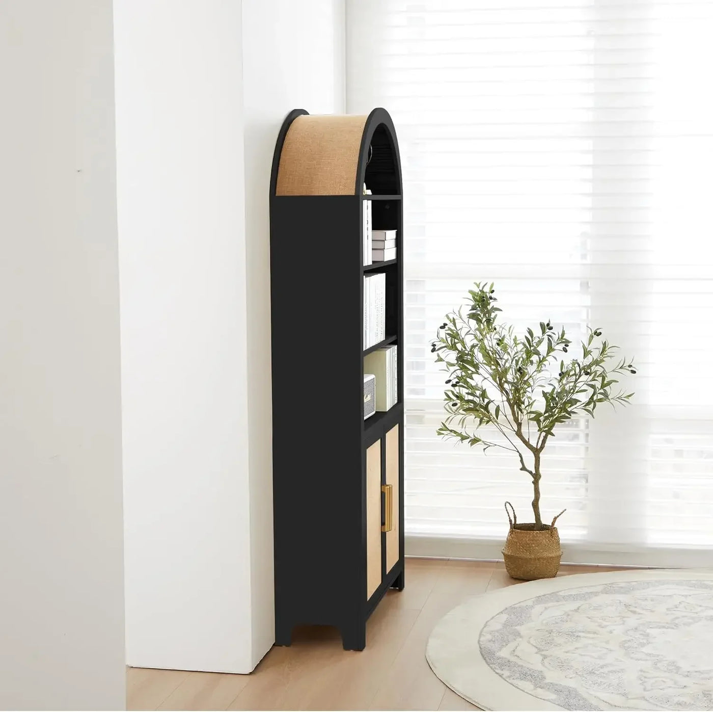 71" Tall Arched Bookcase with Storage, Modern 6-Tier Arched Cabinet with Door,Arched Bookshelf Cabinet with Open Display Storage