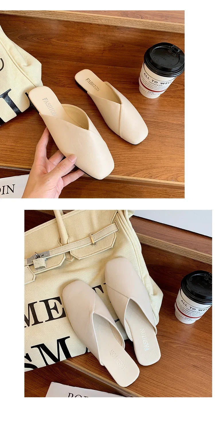 Women Mules 2024 Summer Elegant Square Closed Toe Flat Slippers Female Shoes Casual Leather Black White Slides Plus Size 35-43