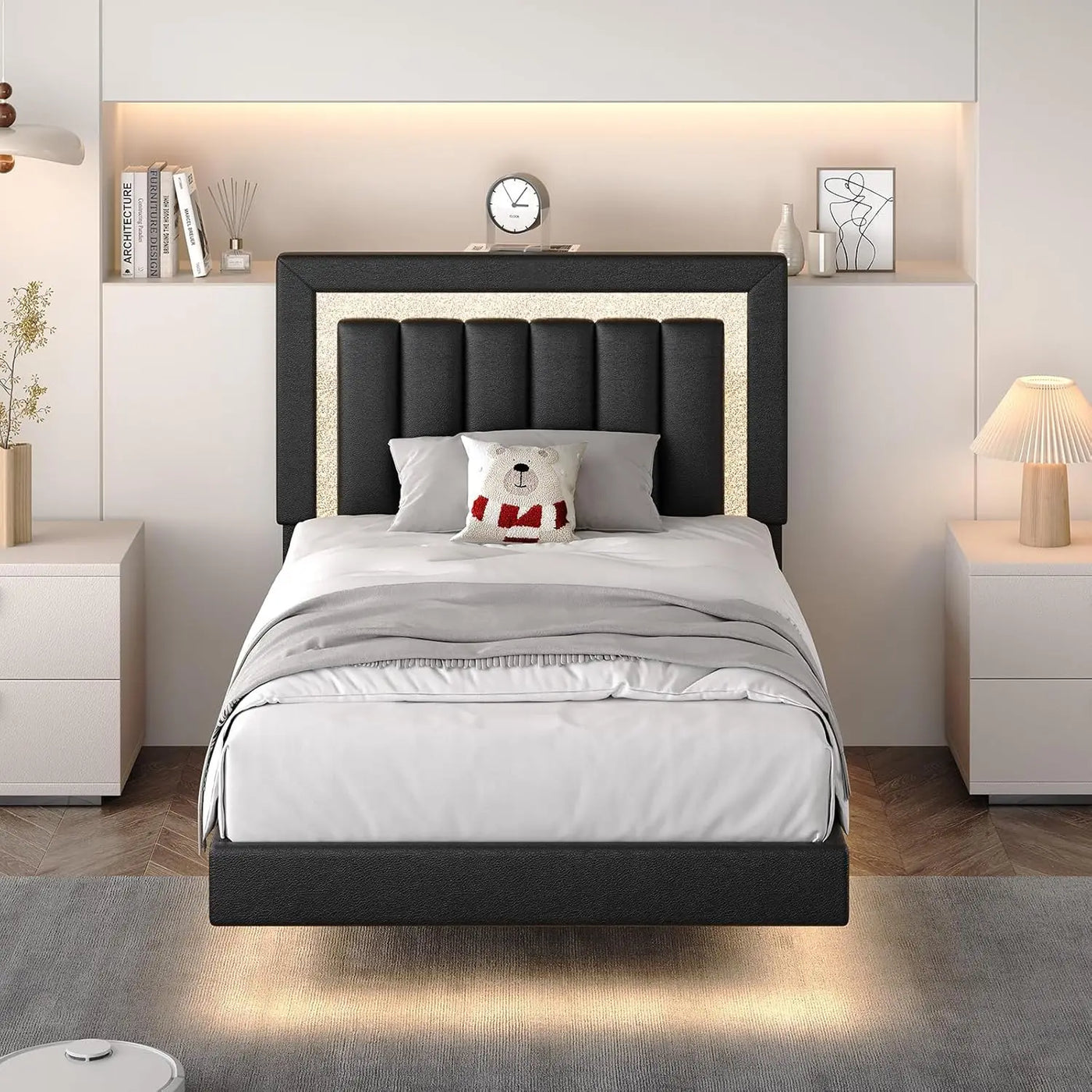 Floating Bed Frame Full with Smart LED Lights, Faux Leather Upholstered Platform Bed with Diamond PU Headboard,