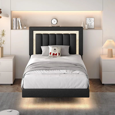 Floating Bed Frame Full with Smart LED Lights, Faux Leather Upholstered Platform Bed with Diamond PU Headboard,