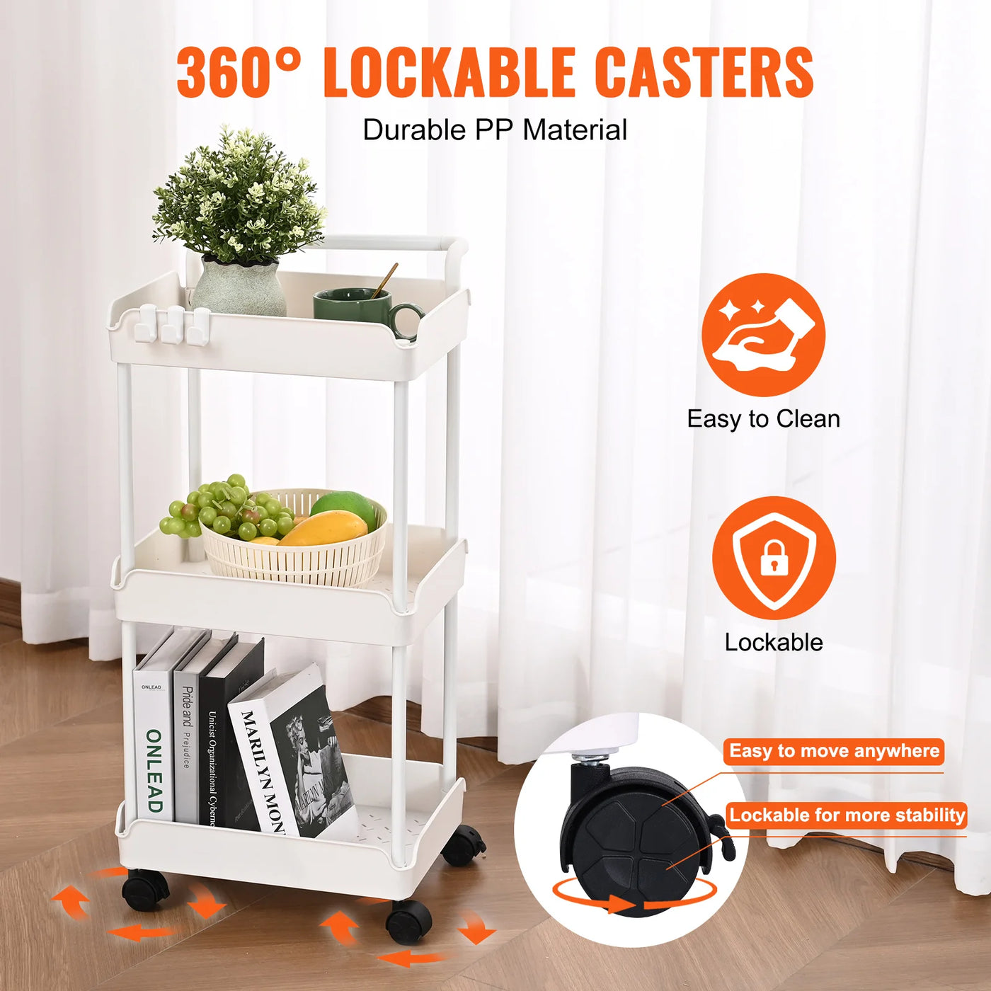 3-Tier Rolling Utility Cart Kitchen Cart with Lockable Wheels Multi-Functional Storage Trolley with Handle Movable