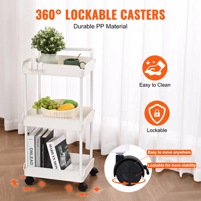 3-Tier Rolling Utility Cart Kitchen Cart with Lockable Wheels Multi-Functional Storage Trolley with Handle Movable